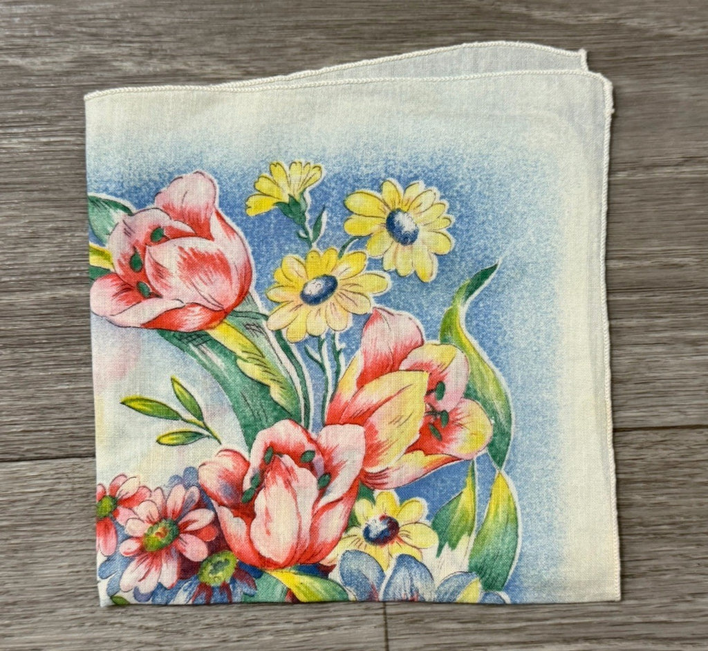 Vintage Beautiful Flowers Spring Easter Handkerchief 10.5” Square