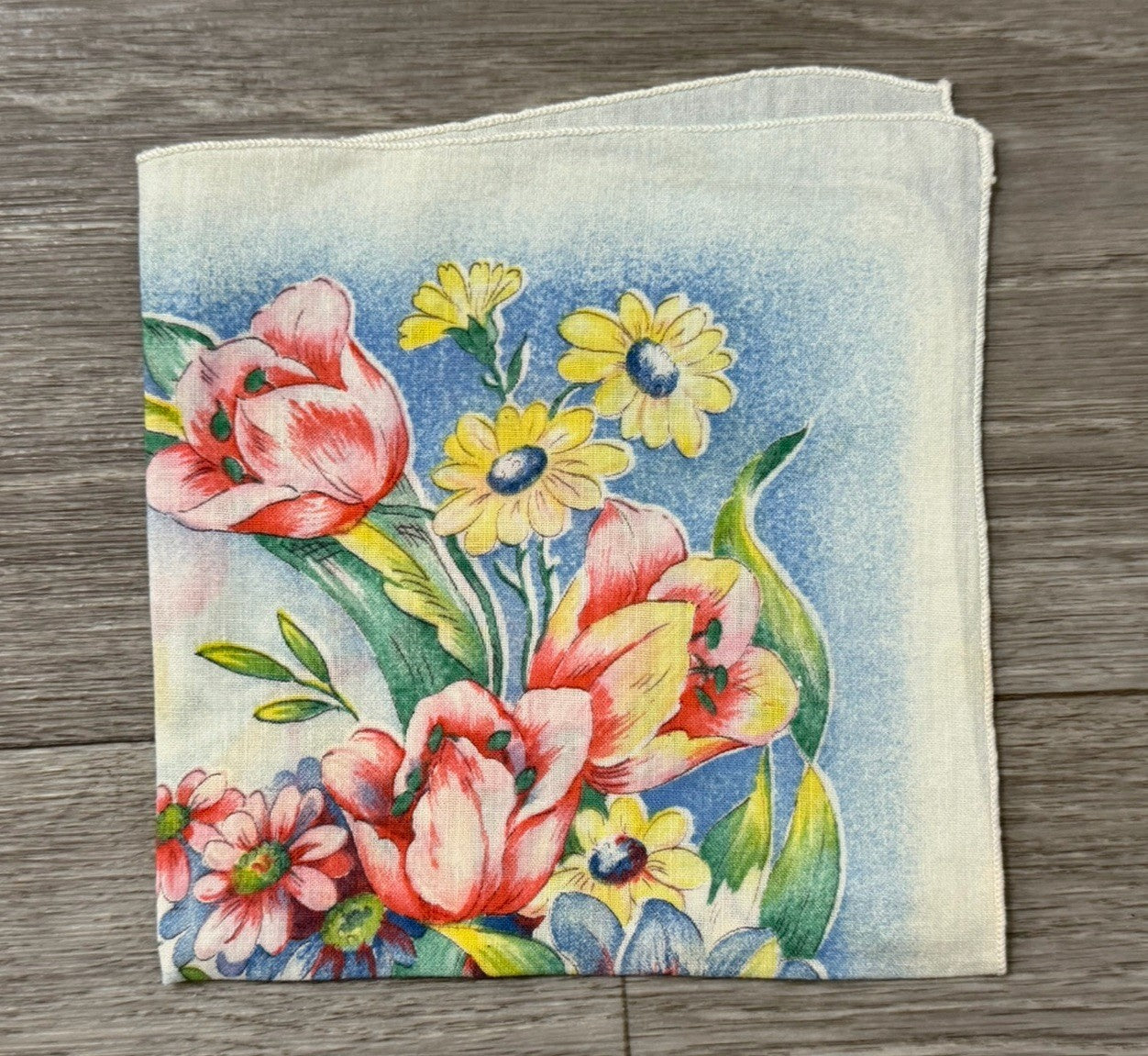 Vintage Beautiful Flowers Spring Easter Handkerchief 10.5” Square