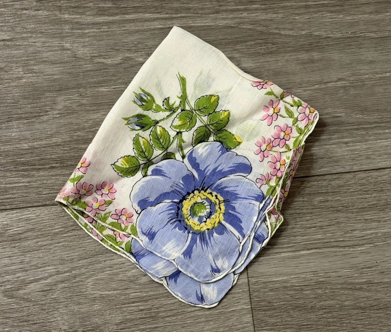 Vintage Blue Flowers W/ Little Pink Flowers Floral Wedding Handkerchief 12” Sq.