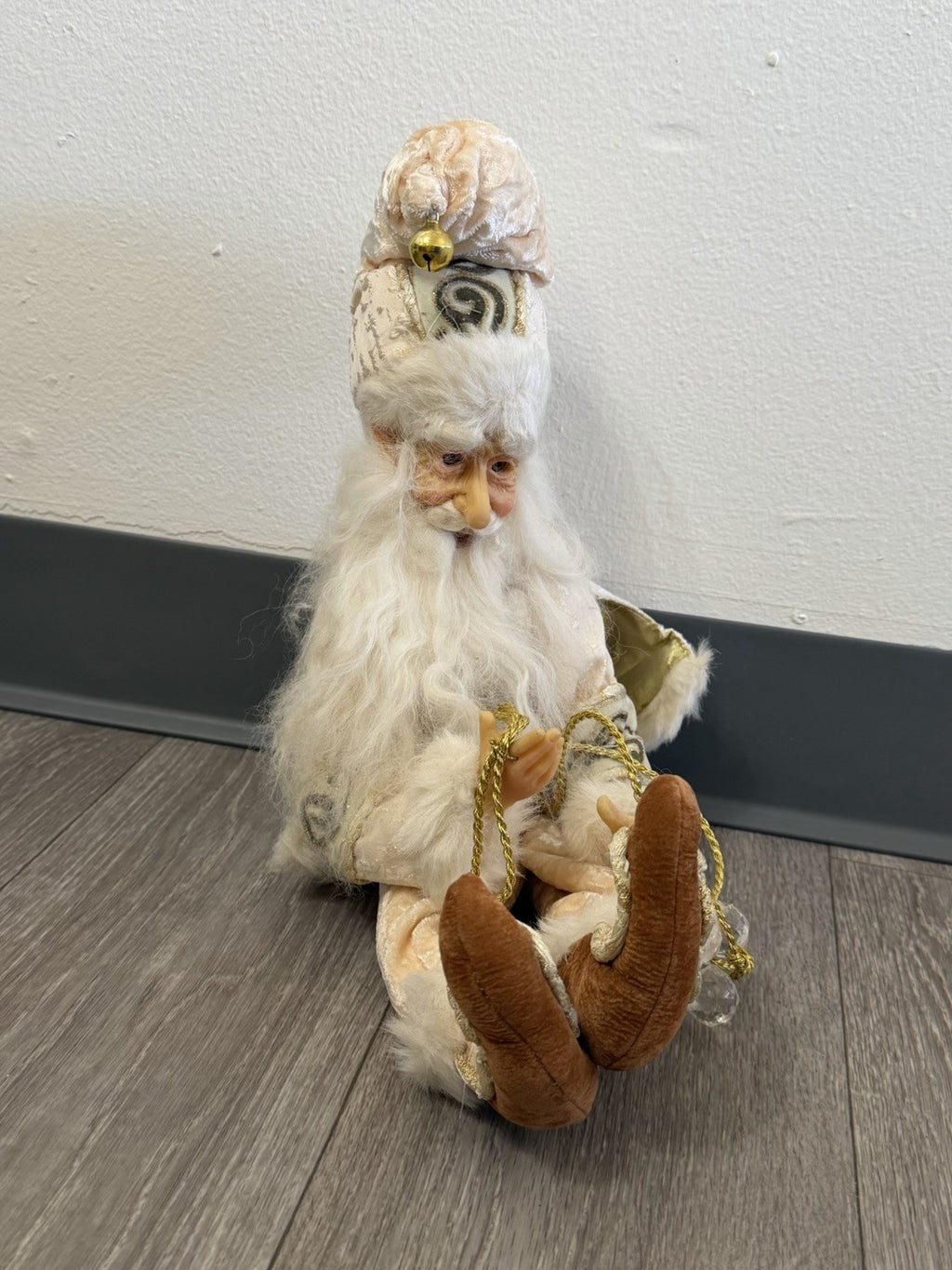Gold & White Shelf / Mantle Sitter Santa Christmas Elf Glass Eyes Whimsical 22”