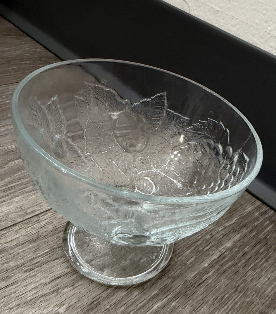 Vintage Footed Glass Bowl W/ Apples & Grapes Fruit Design Holiday Candy Dish
