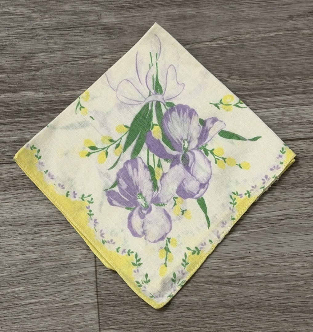 Vtg Ladies Square Handkerchief w/ Purple Iris Flowers & Ribbon Floral Print