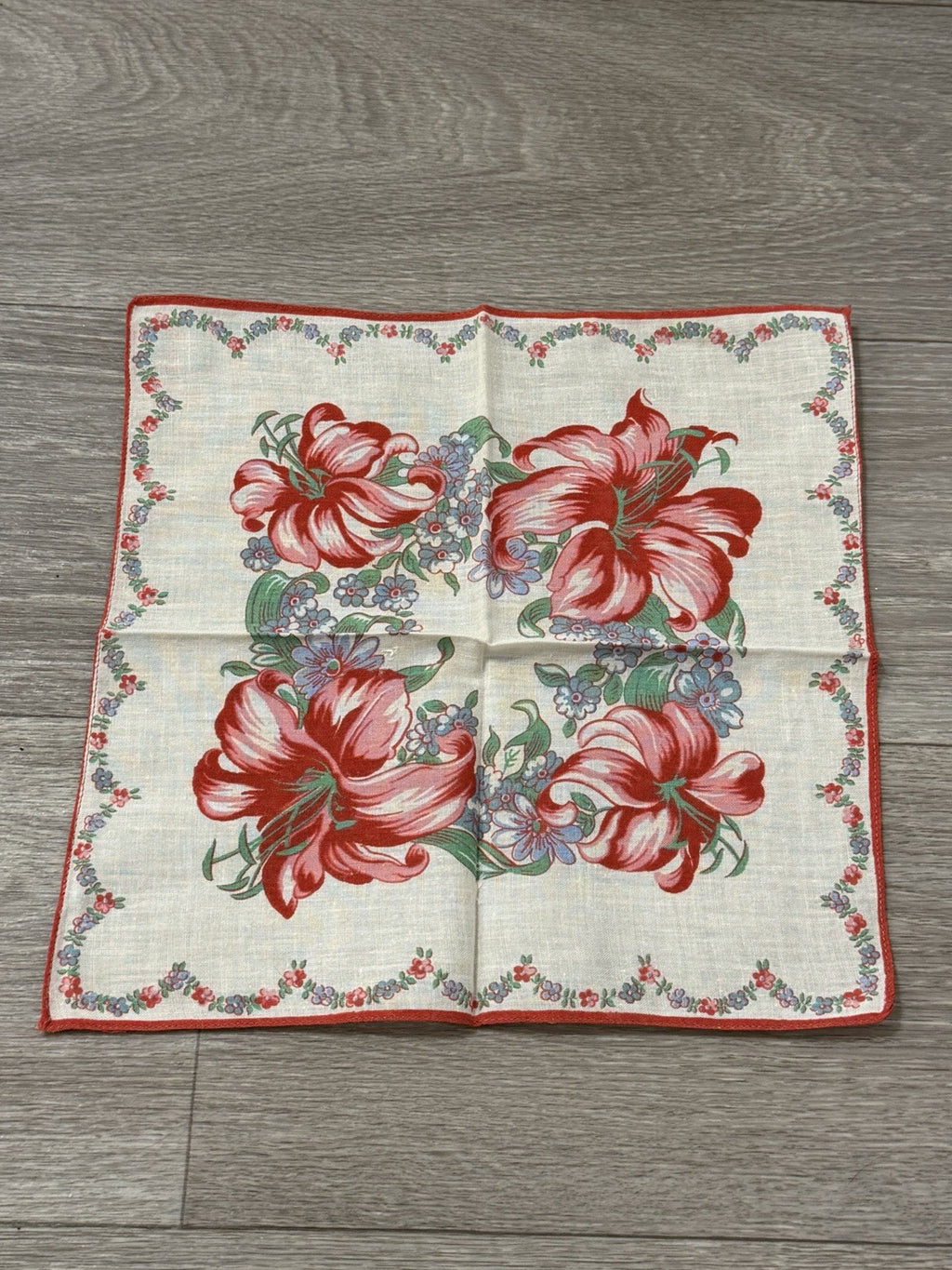 Vintage Red Lily Floral & Blue Forget-Me-Nots Handkerchief Hanky Flowers 10.75"