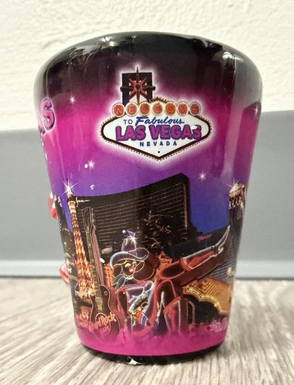 E - Shot Glass - 2.5" Black Las Vegas with inserted Dice