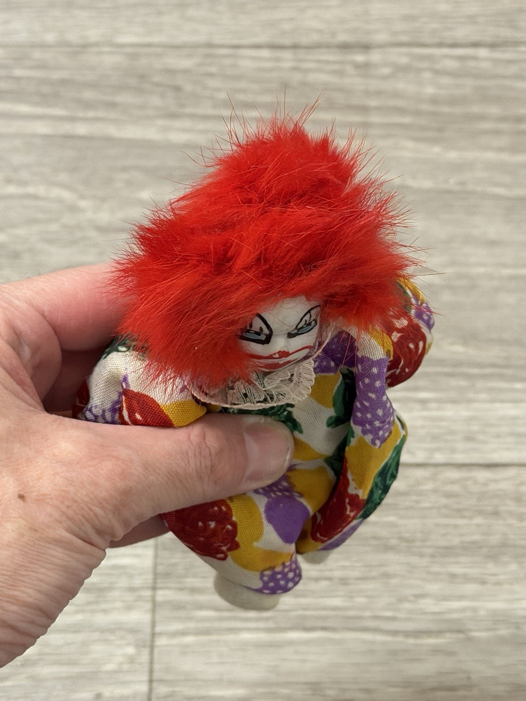 Vintage Imperial Porcelain Face Clown Doll 5” Plush Toy With Wild Red Hair