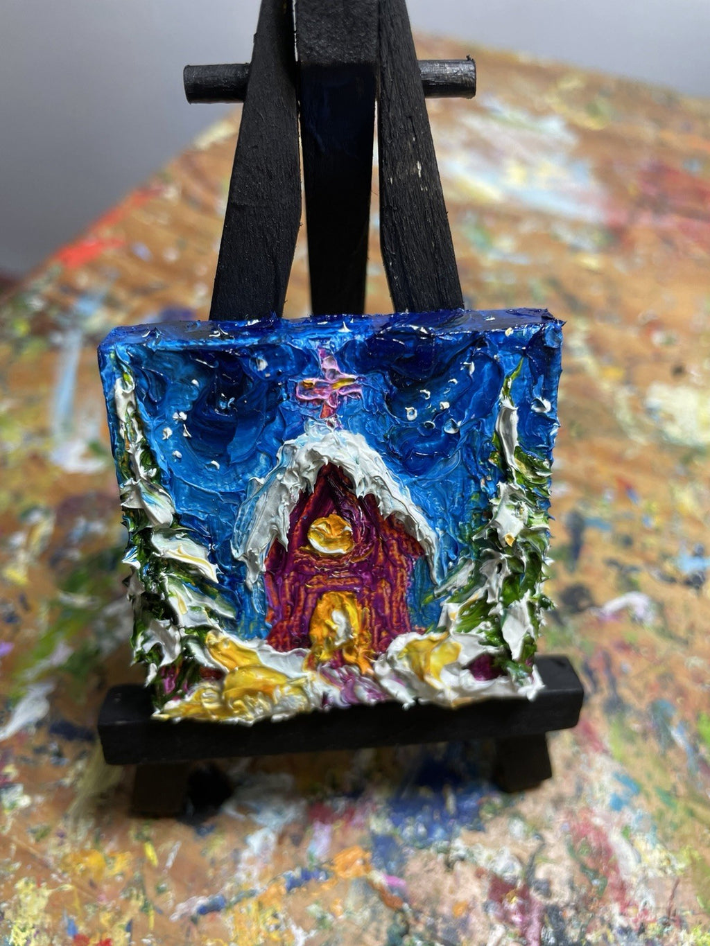 ‘Church In The wild Woods’ New mini oil painting original By Paris Llanso 2x2”