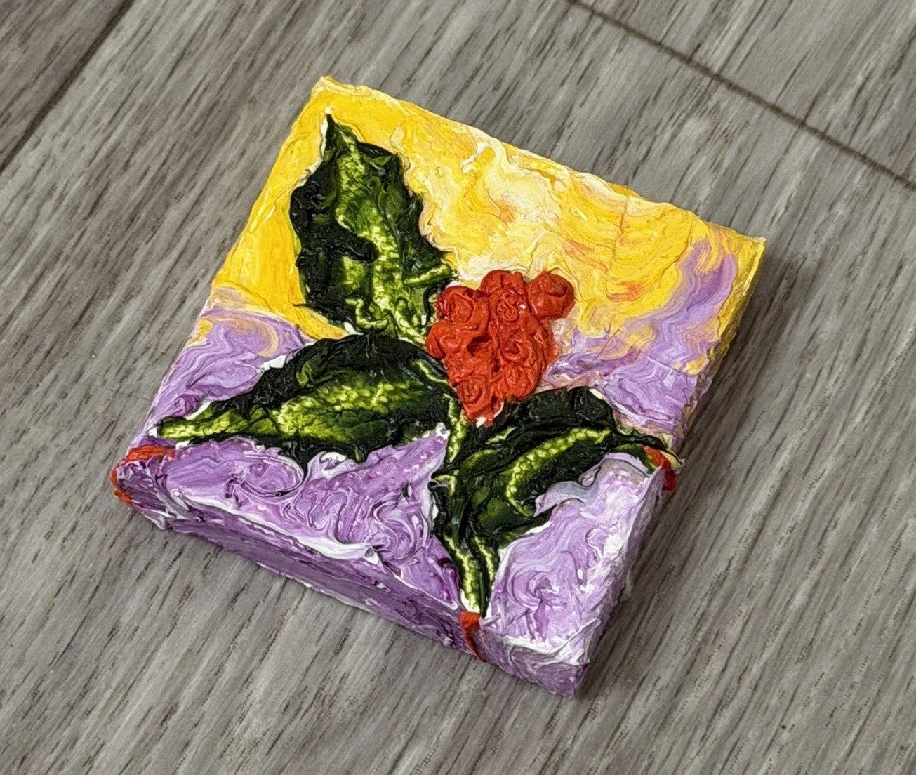 ‘Holly’ Christmas Mini Oil Painting  Magnet Original By Paris Wyatt Llanso 2x2”