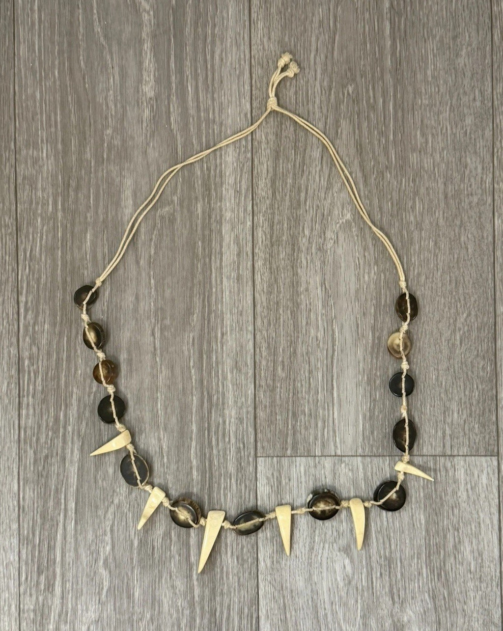 Vintage Handmade Knotted Carved Shell Boho Tribal Necklace