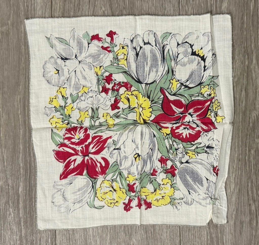 Womens Vintage Boho Floral Easter Spring Flowers Hankie, Handkerchief 11.5 X 11”