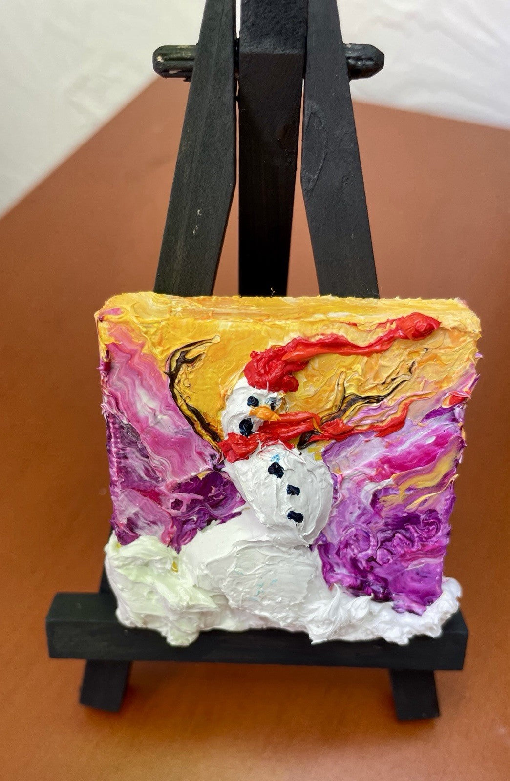 ‘Blown Away’ Snowman New mini oil painting original By Paris Wyatt Llanso 2x2”
