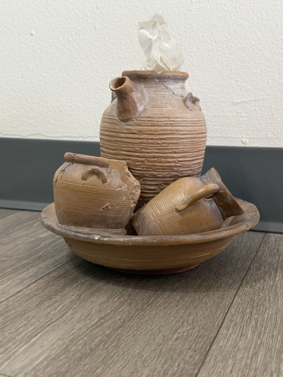 Tabletop Water Fountain Rustic Faux Pottery Sculpture– Folk Art Decor