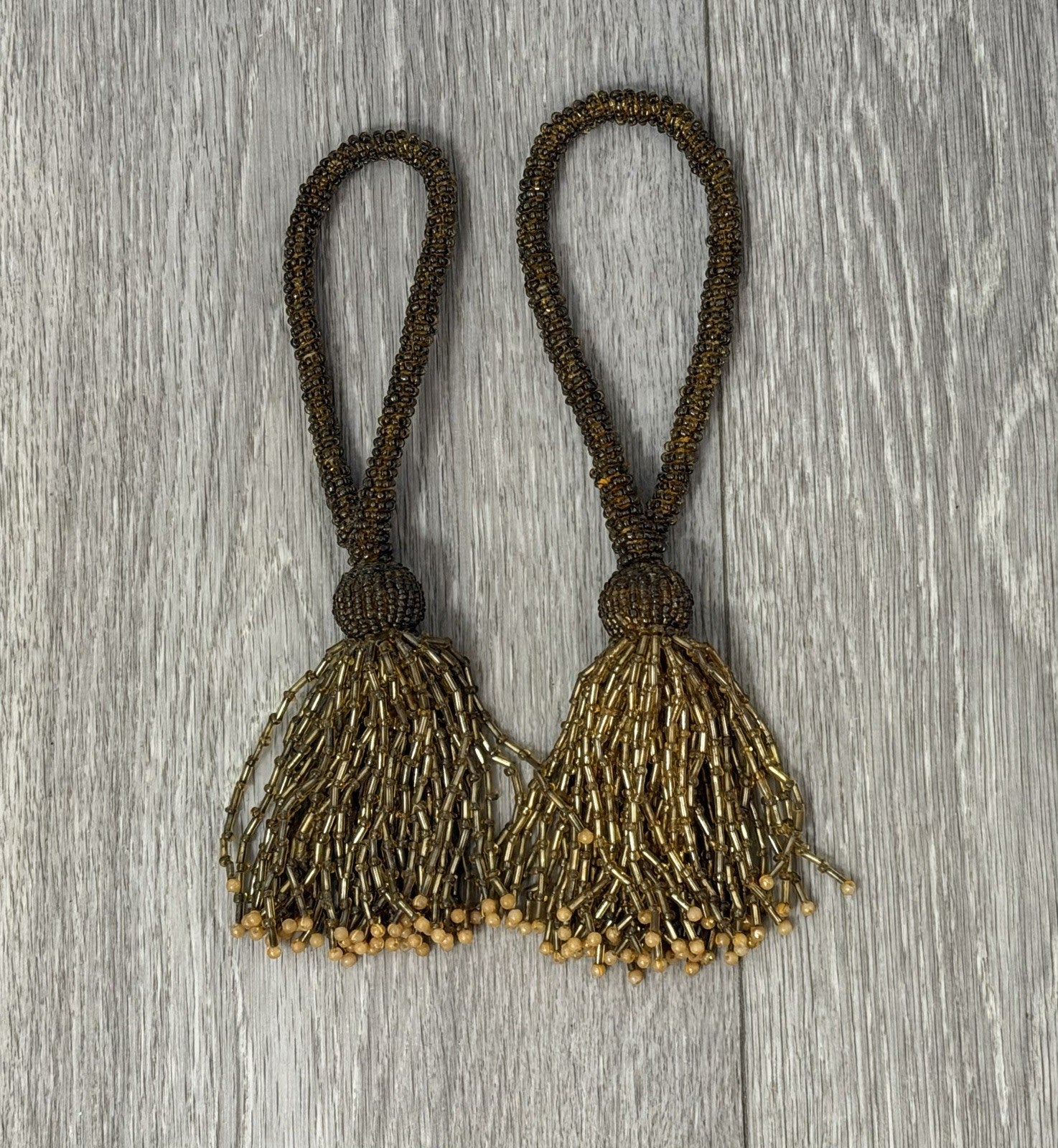 VINTAGE - Set Of Two Gold & Brown Beaded Curtain  Tassels / Tiebacks Home Decor