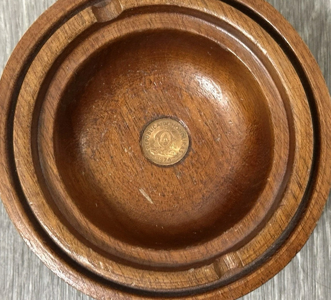 Republic De Honduras Vintage Hand Carved Wood Coin Ashtray 