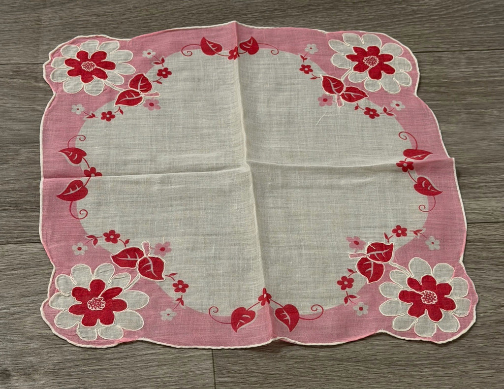 Vintage Pink Flowers Floral Wedding Handkerchief 11.5 X 11.75”