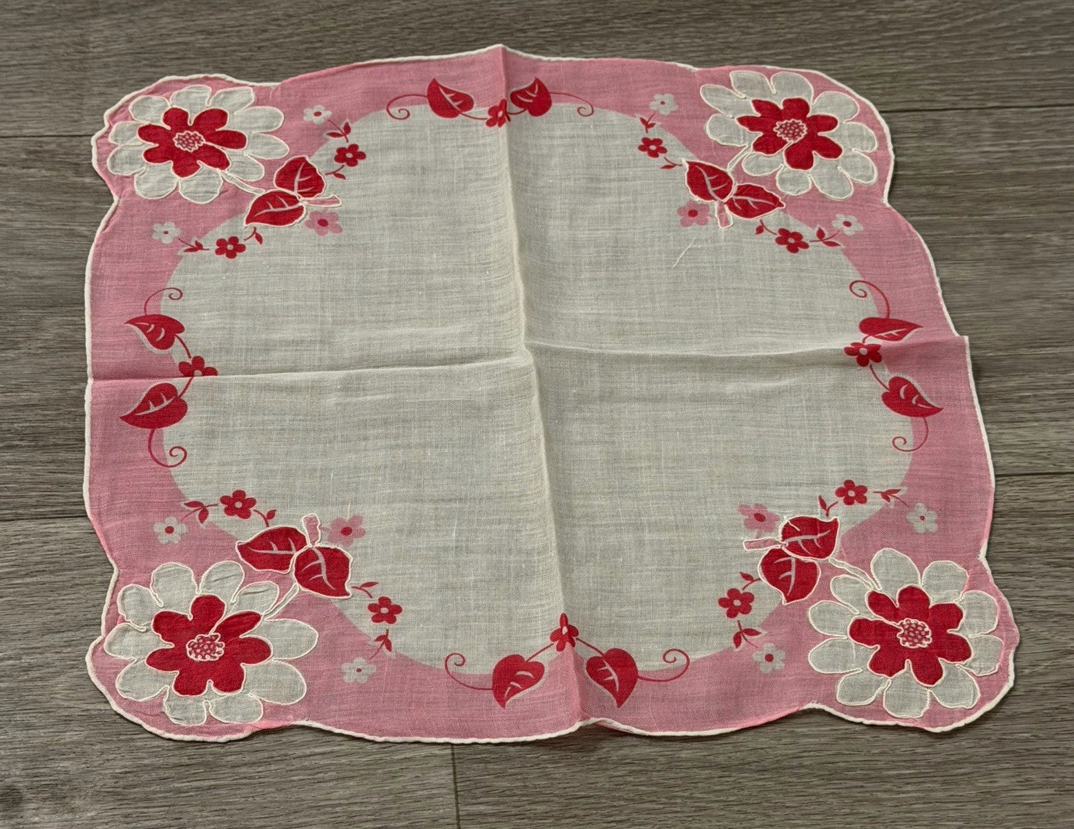 Vintage Pink Flowers Floral Wedding Handkerchief 11.5 X 11.75”