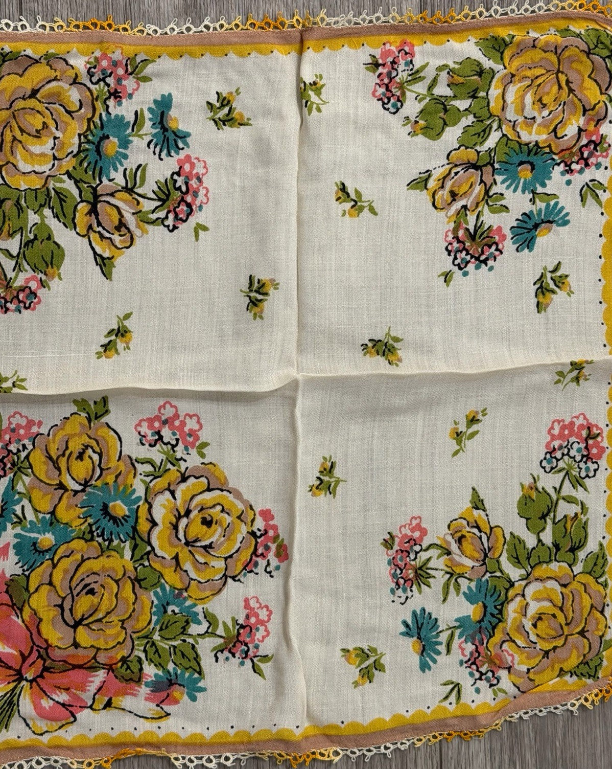 Vintage Yellow Roses & Blue Daisies Flowers Floral Wedding Handkerchief 12” Sq.