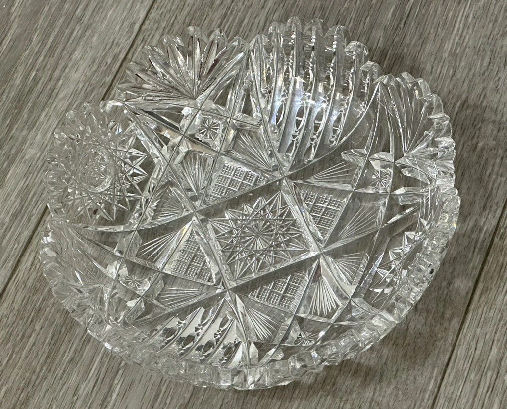 VNT Brilliant Cut Crystal Sawtooth Edge Low Bowl 6” -  Geometric Pattern