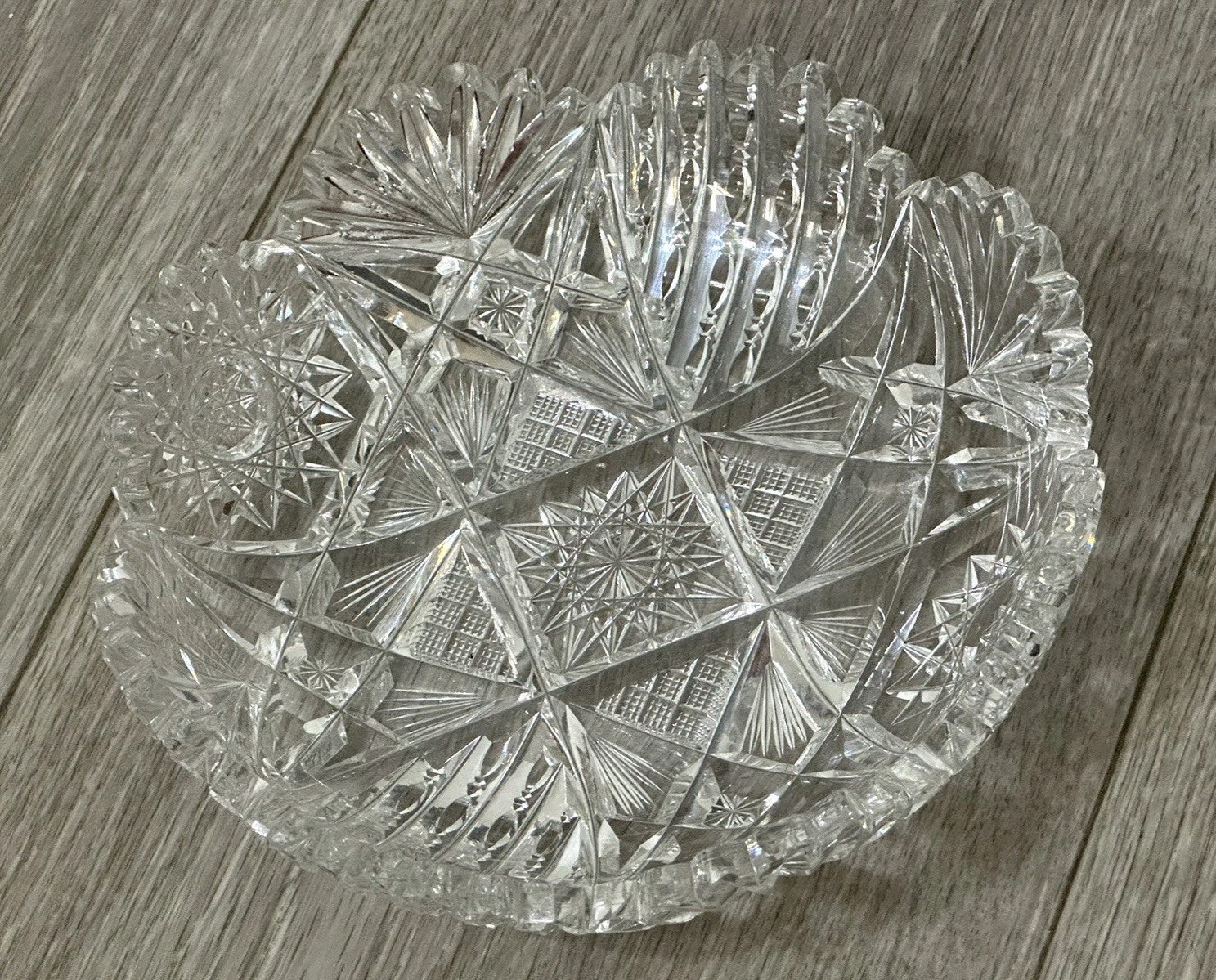 VNT Brilliant Cut Crystal Sawtooth Edge Low Bowl 6” -  Geometric Pattern