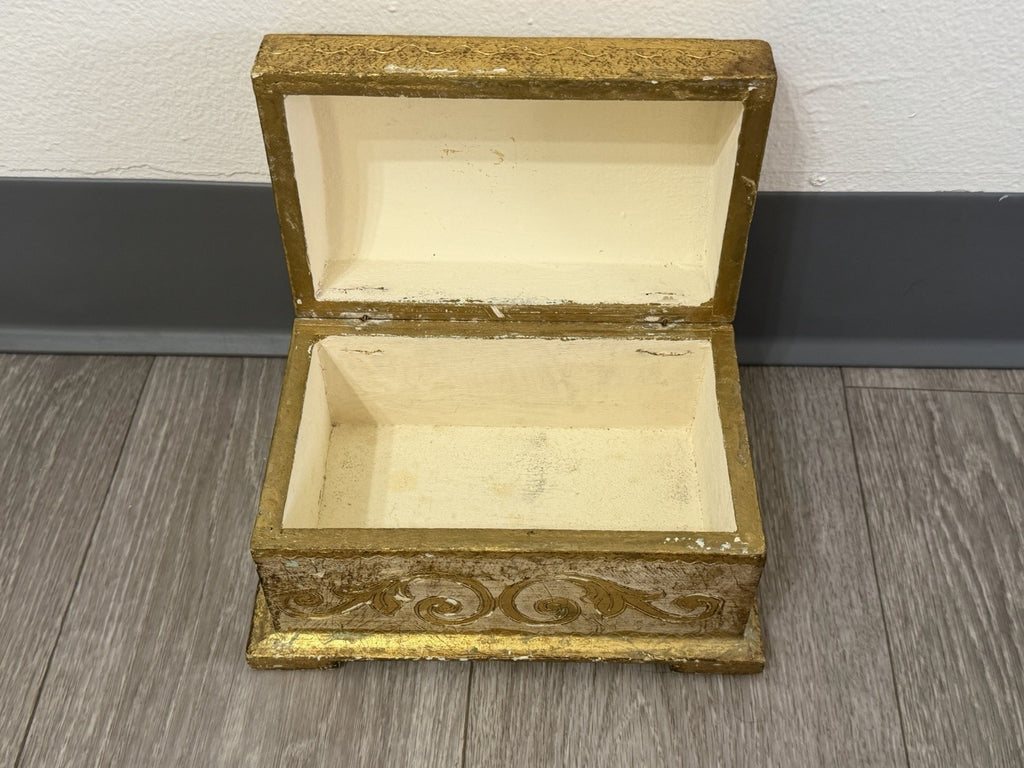 Vintage Domed Wood Gold Gilt Italian Florentine Footed Trinket Box 8”x5”x4.75”