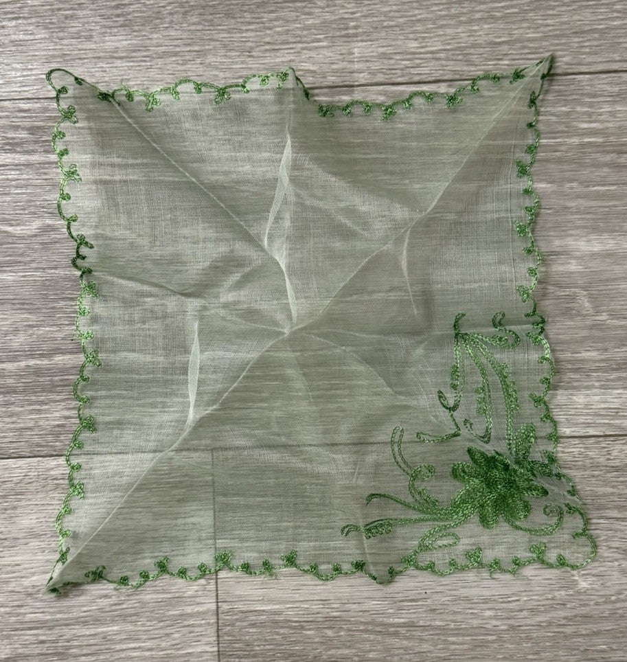Vintage Green Needle Run Lace Hanky Handkerchief Floral