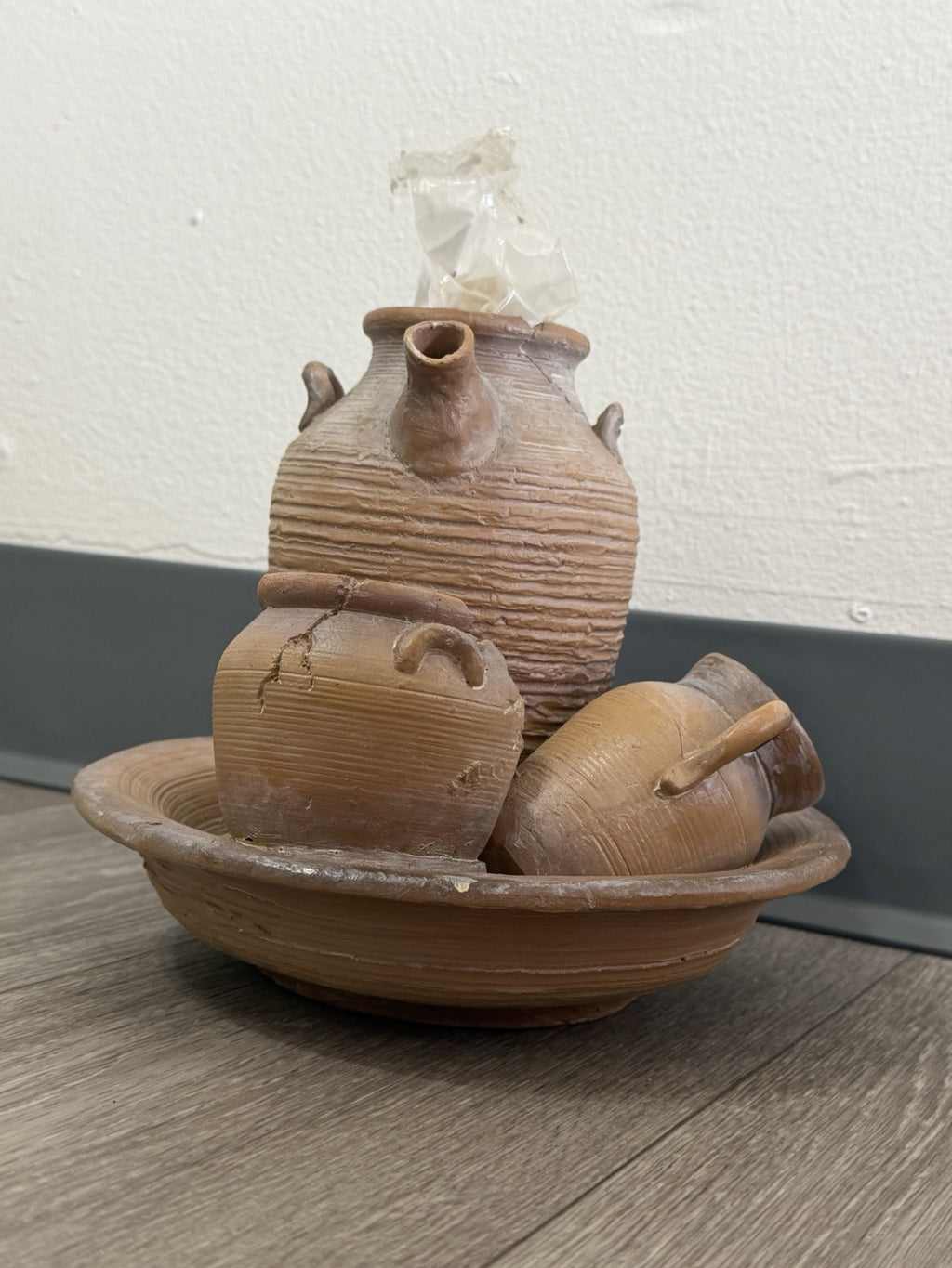 Tabletop Water Fountain Rustic Faux Pottery Sculpture– Folk Art Decor