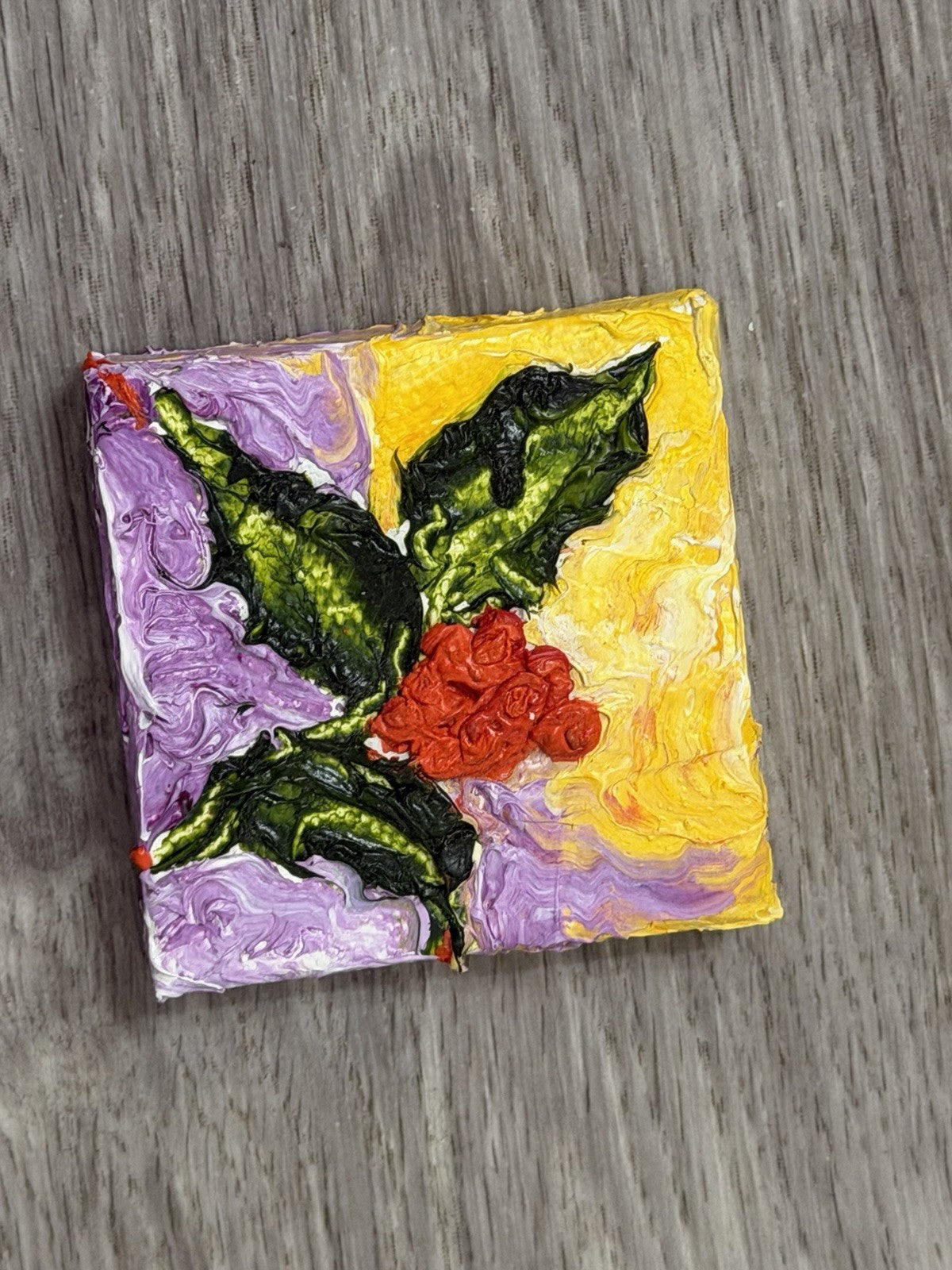 ‘Holly’ Christmas Mini Oil Painting  Magnet Original By Paris Wyatt Llanso 2x2”