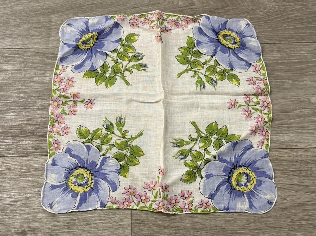 Vintage Blue Flowers W/ Little Pink Flowers Floral Wedding Handkerchief 12” Sq.