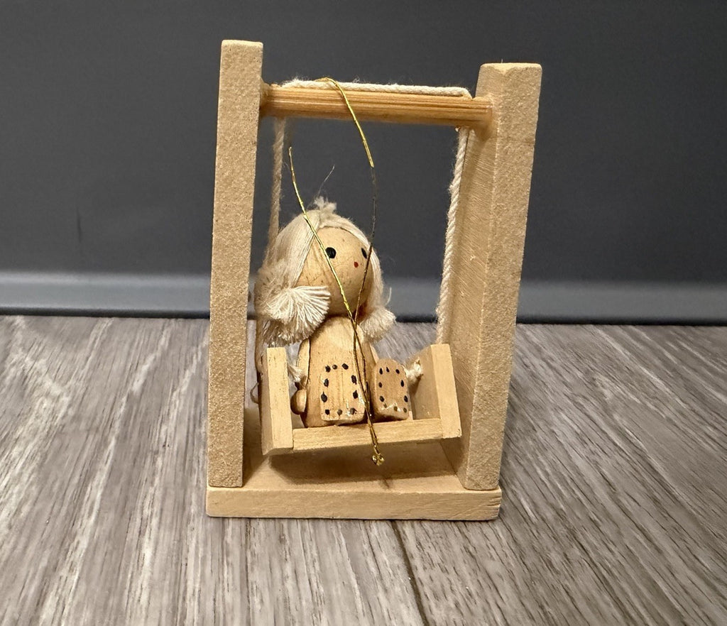 Vintage Wood  Girl on Swing Christmas Ornament 3”