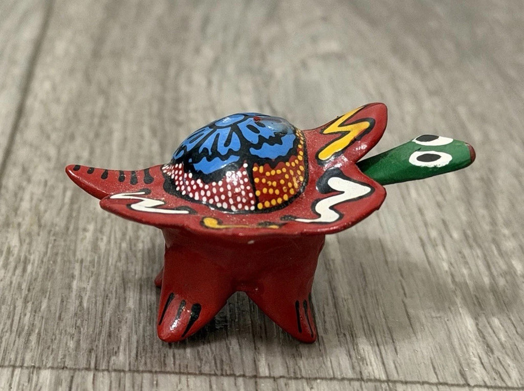 Vintage Nodder Bobble Head Turtle Hand Painted Mexico Folk Art RED Blue