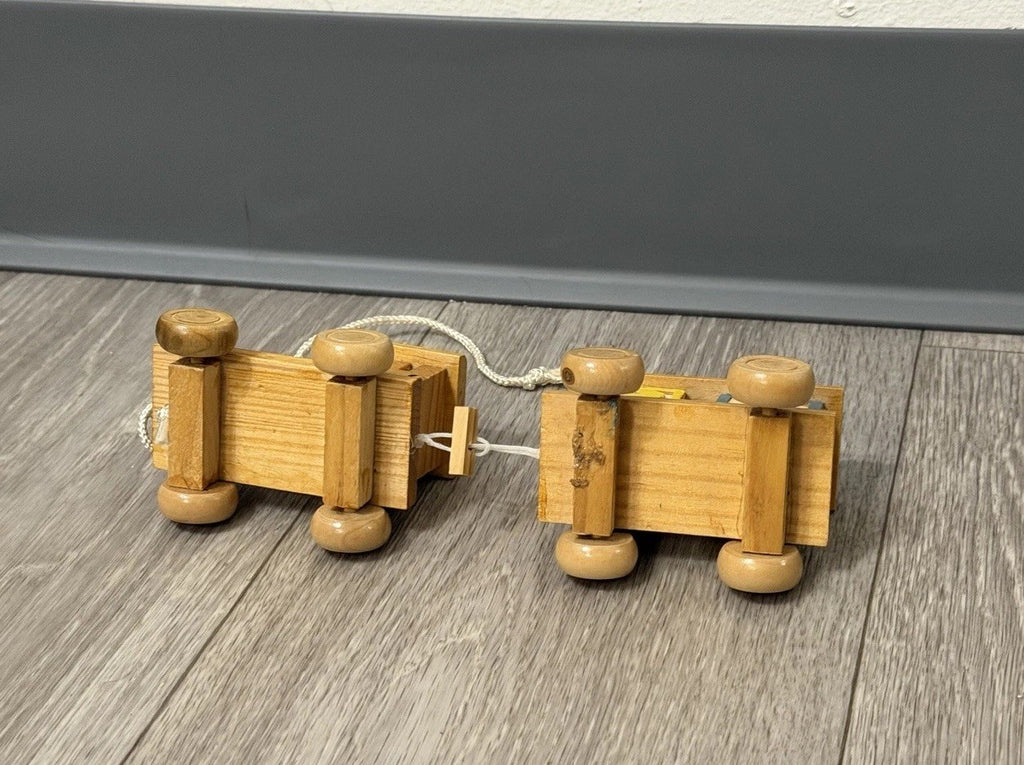 VINTAGE HAND MADE WOODEN TRAIN & CAR WITH BLOCKS STURDY Pull Toy