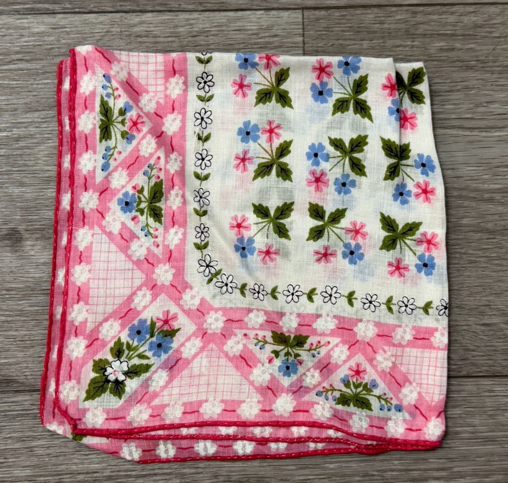 Vintage Beautiful Tiny Flowers Boho Wedding Handkerchief Pink, Blue & White