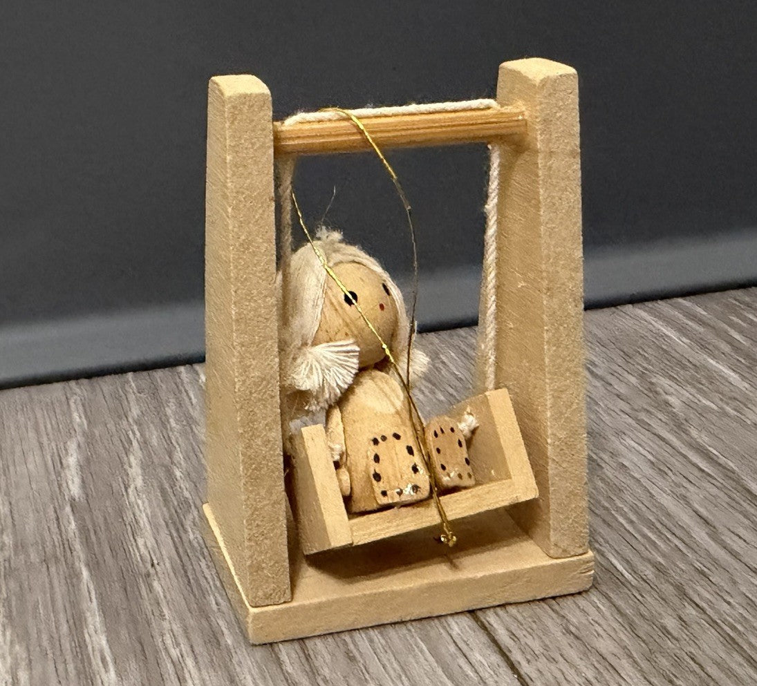 Vintage Wood  Girl on Swing Christmas Ornament 3”