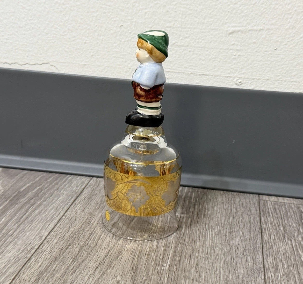 Vintage Goebel Western Germany Etched Crystal Glass Bell Ceramic Boy Handle