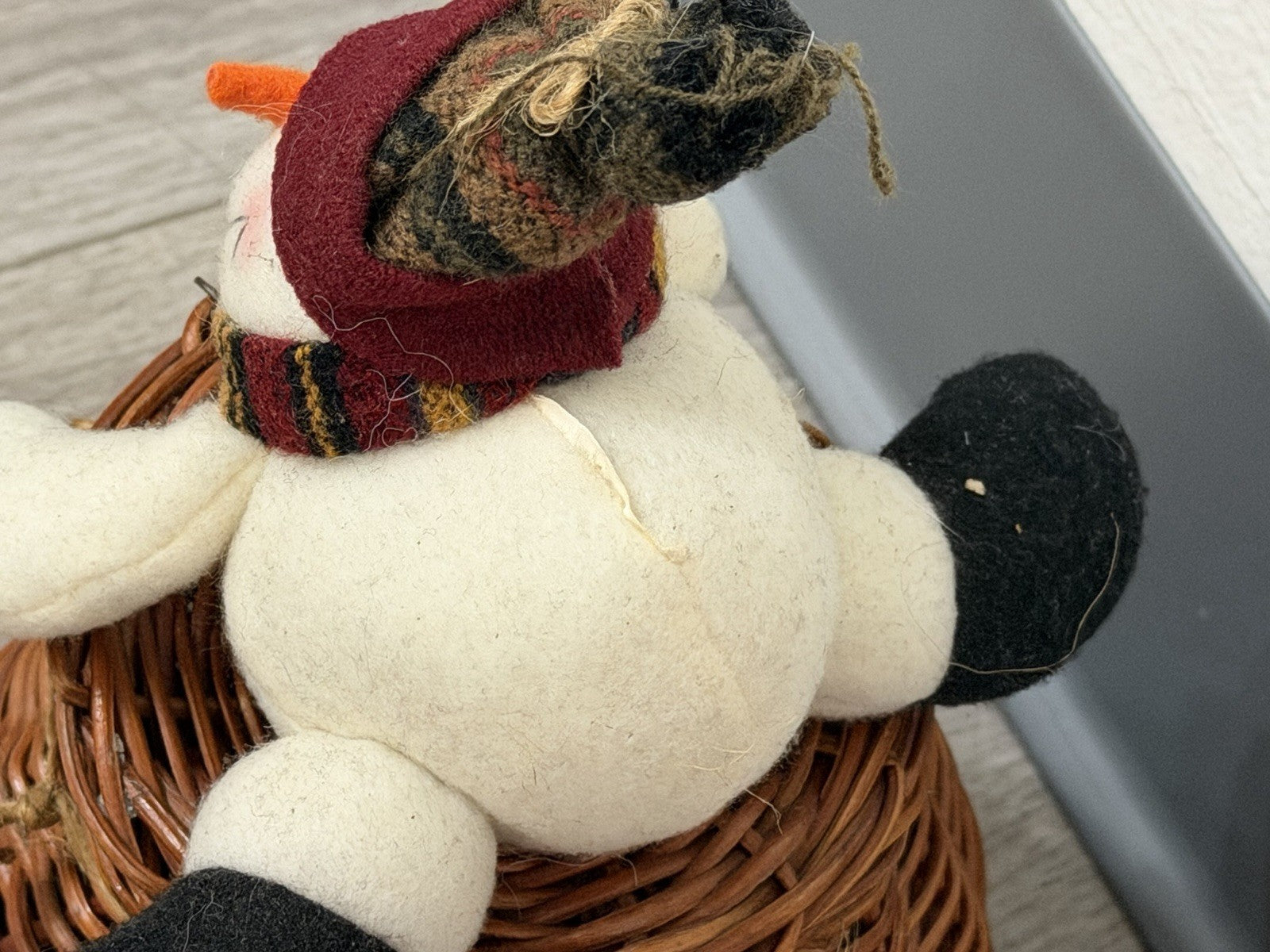 Vintage Adorable Winter Christmas Stuffed Snowman Wicker Basket With Lid 5”