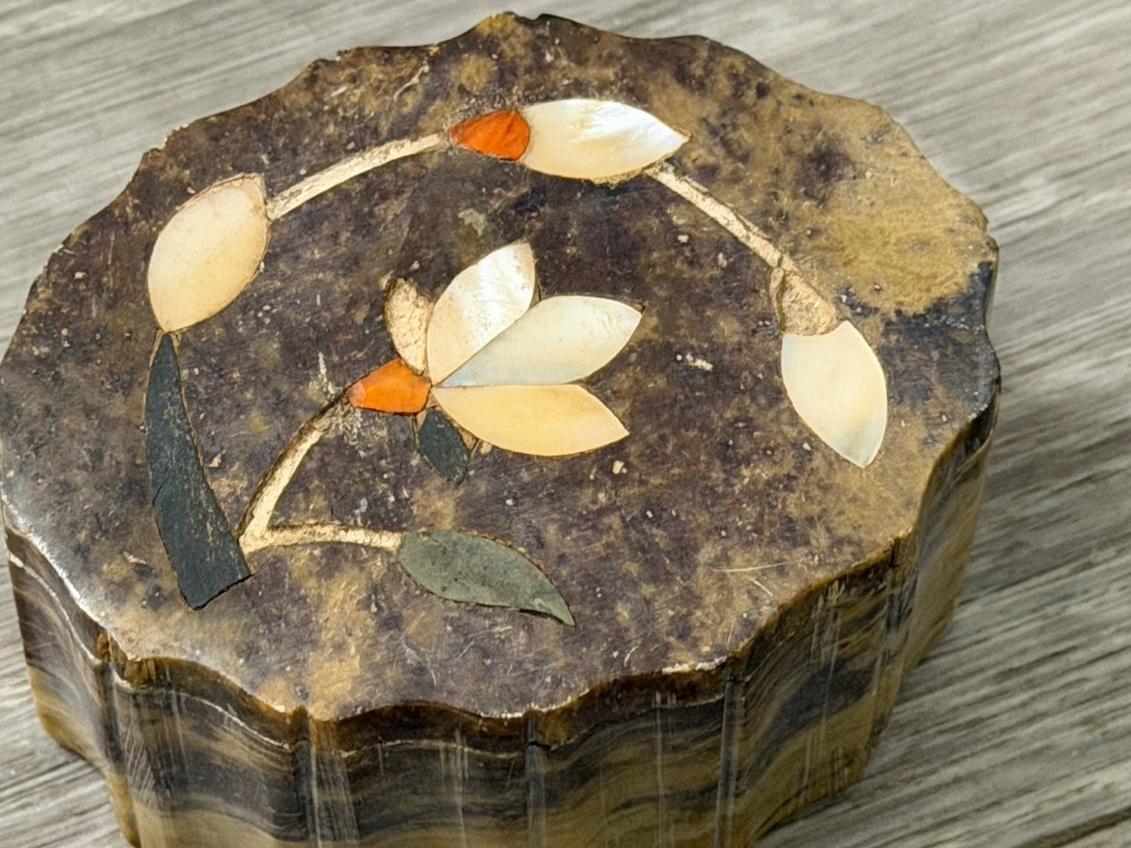 Vintage Stone Trinket Box Abalone Inlay Made In India 3” X 2.25” X 1.5” Tall