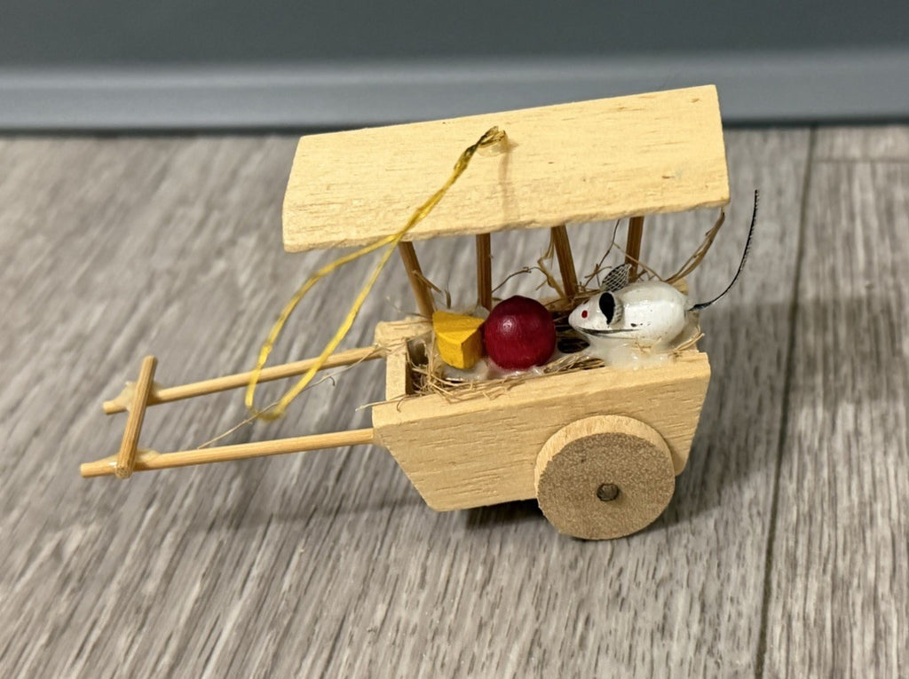 Vintage Pull Cart Christmas Ornament With Mouse Cheese And Apple
