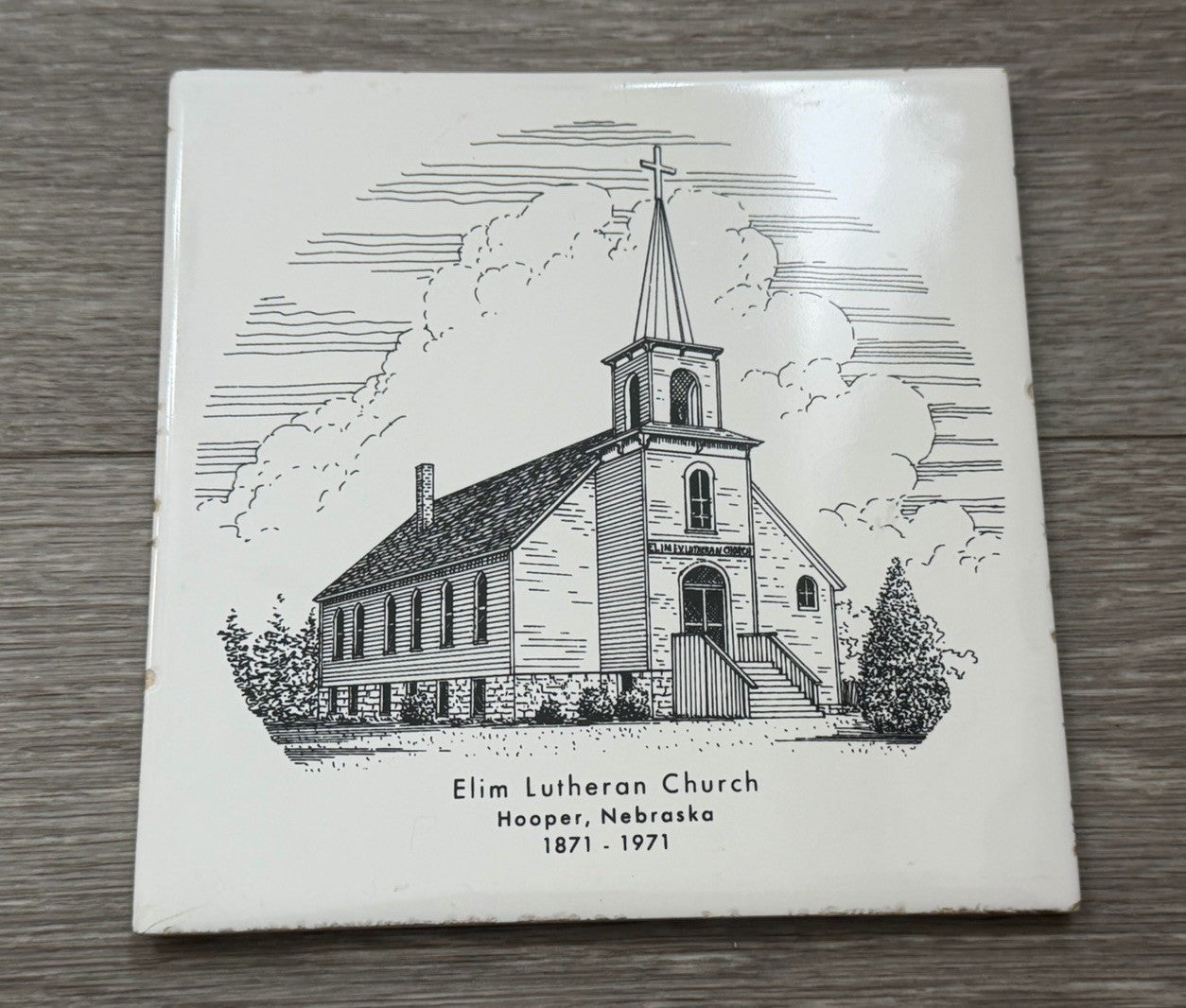Elim Lutheran Church Hooper, Nebraska 1871-1971 Black & White Tile Trivet Cork