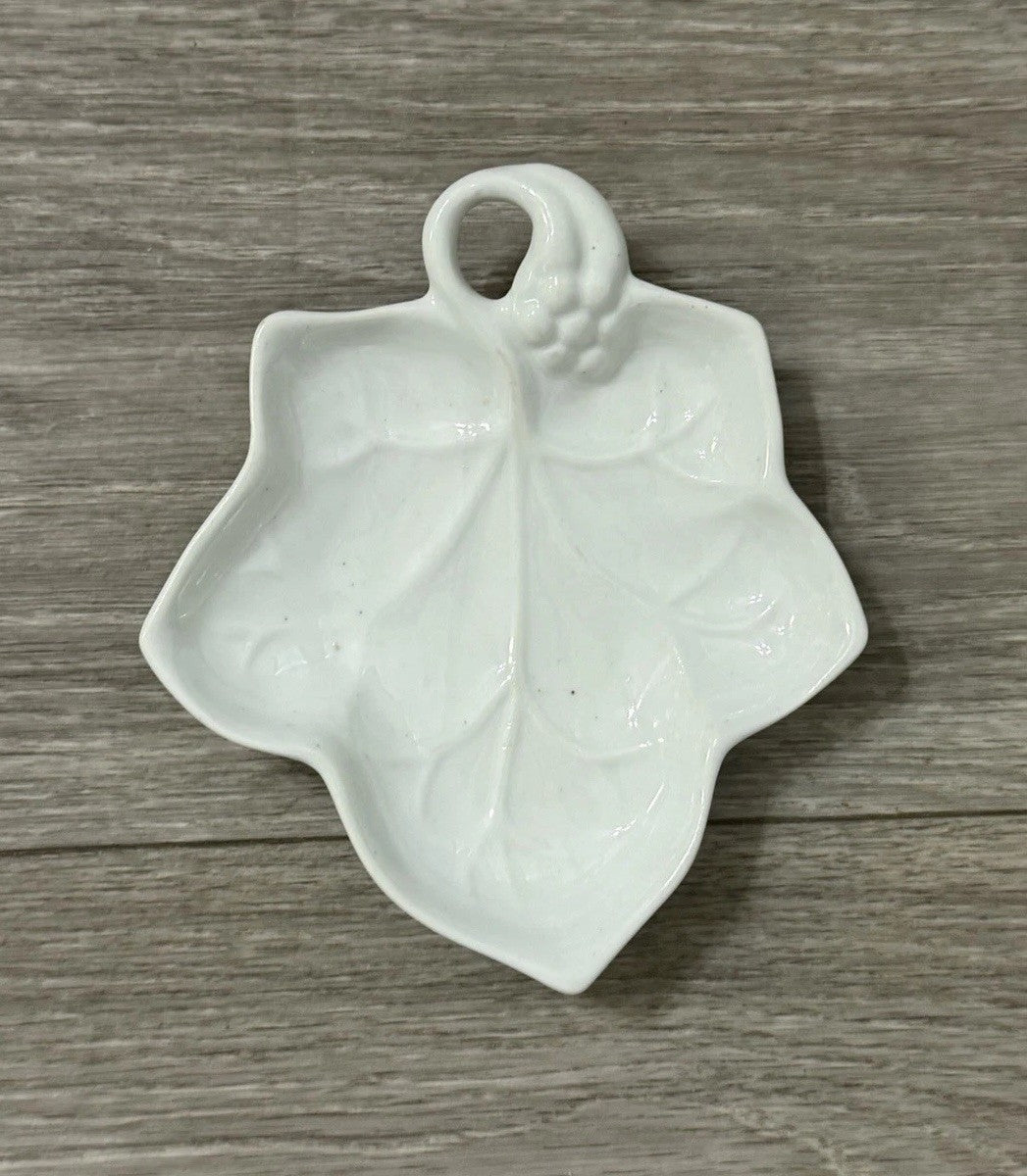 Vintage 1987 Lillian Vernon 67 Grape Leaf shape Trinket Plate White Porcelain