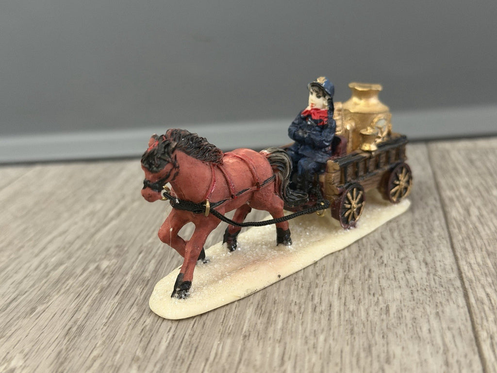 Horse-Drawn Fire Pumper Wagon w/ Firefighter, Vintage Christmas Village Figurine