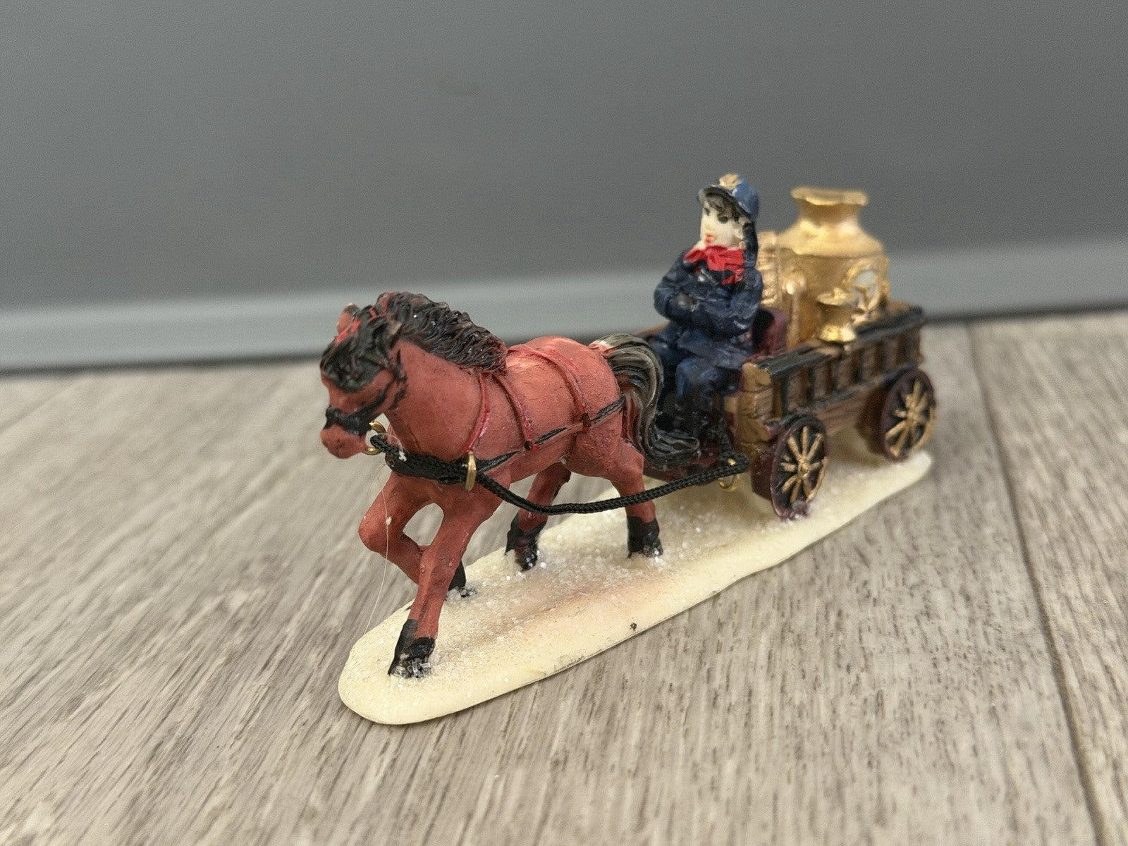 Horse-Drawn Fire Pumper Wagon w/ Firefighter, Vintage Christmas Village Figurine