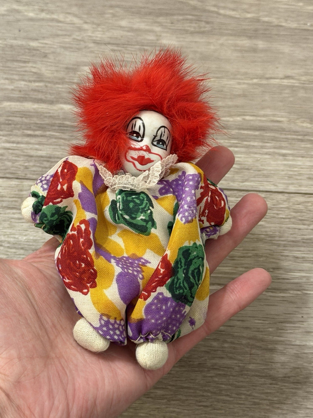Vintage Imperial Porcelain Face Clown Doll 5” Plush Toy With Wild Red Hair