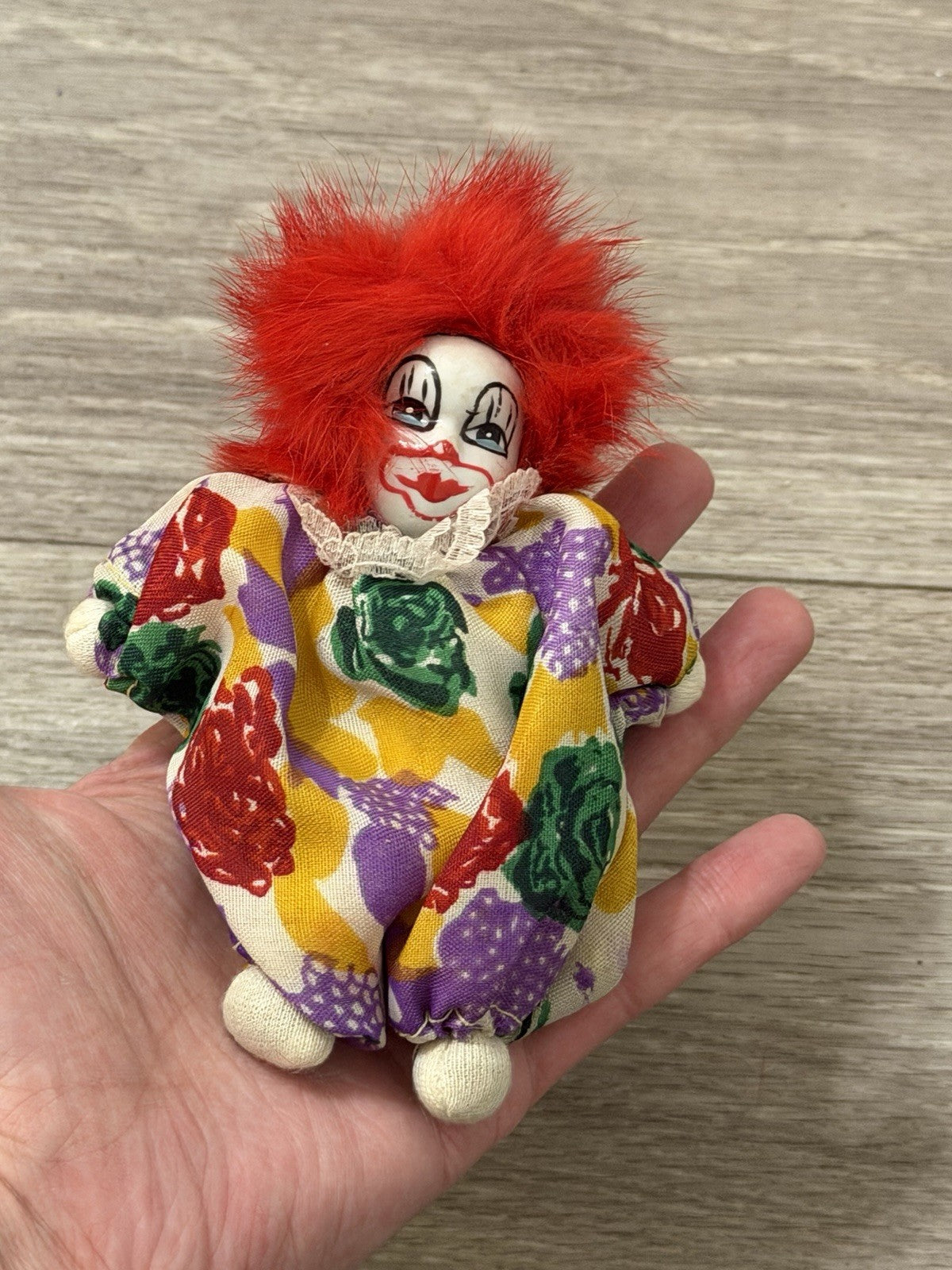 Vintage Imperial Porcelain Face Clown Doll 5” Plush Toy With Wild Red Hair