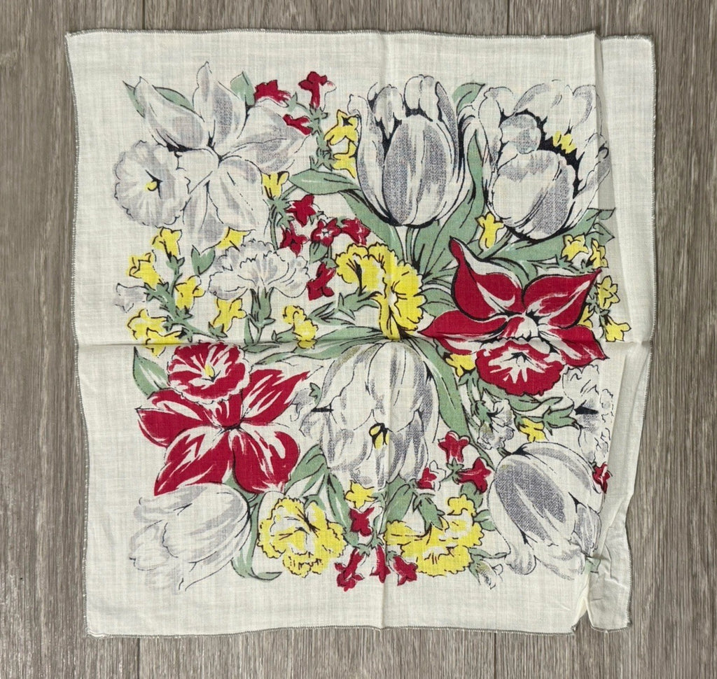 Womens Vintage Boho Floral Easter Spring Flowers Hankie, Handkerchief 11.5 X 11”