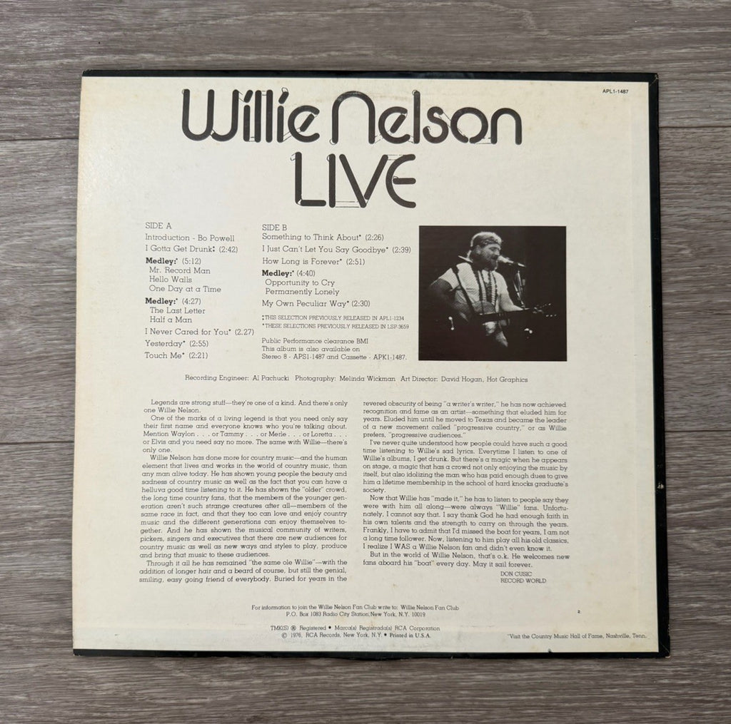 Wiilie Nelson Live I Gotta get Drunk 1976 RCA Stereo APL1-1487 -Inner Sleeve