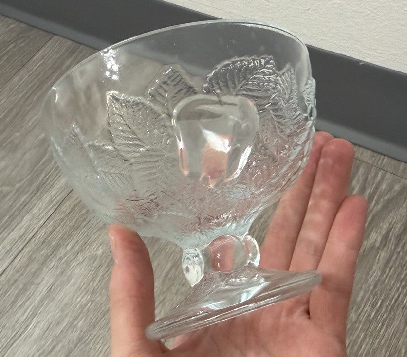 Vintage Footed Glass Bowl W/ Apples & Grapes Fruit Design Holiday Candy Dish