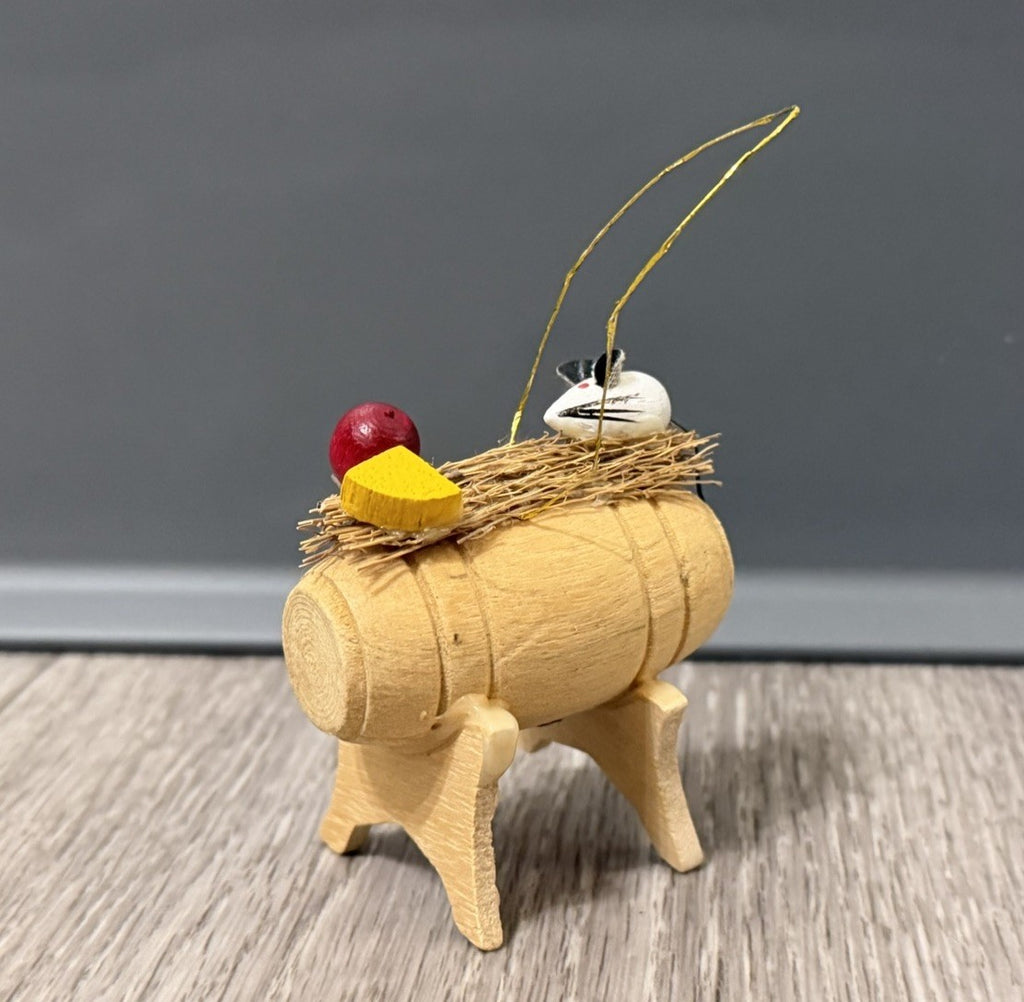 Vintage Wood Barrel Christmas Ornament With Mouse Cheese And Apple
