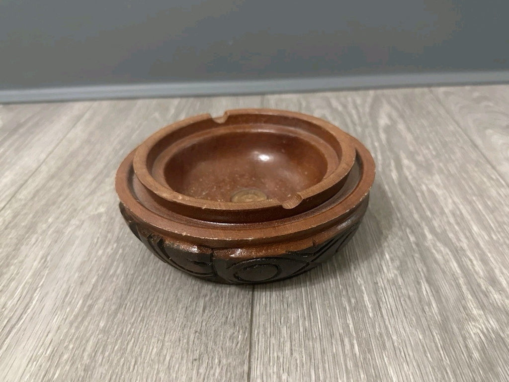 Republic De Honduras Vintage Hand Carved Wood Coin Ashtray 