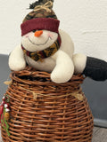 Vintage Adorable Winter Christmas Stuffed Snowman Wicker Basket With Lid 5”