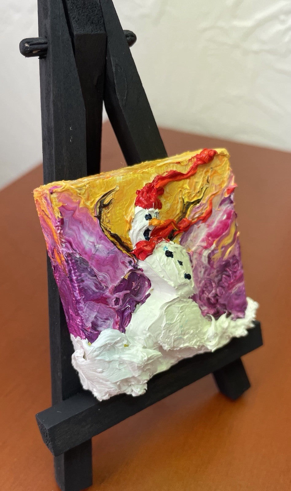 ‘Blown Away’ Snowman New mini oil painting original By Paris Wyatt Llanso 2x2”