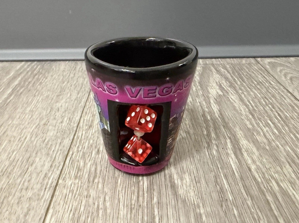E - Shot Glass - 2.5" Black Las Vegas with inserted Dice